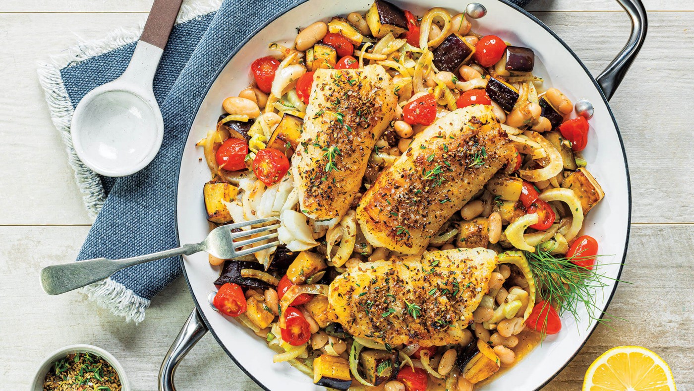 FennelCrusted Cod with Sicilian Cannellini Beans & Eggplant Roche Bros