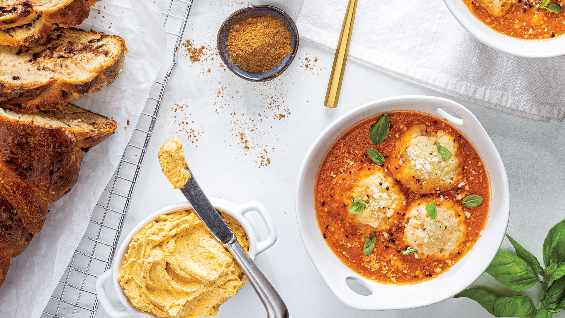 Basil-Tomato Soup with Cheesy Matzo Balls