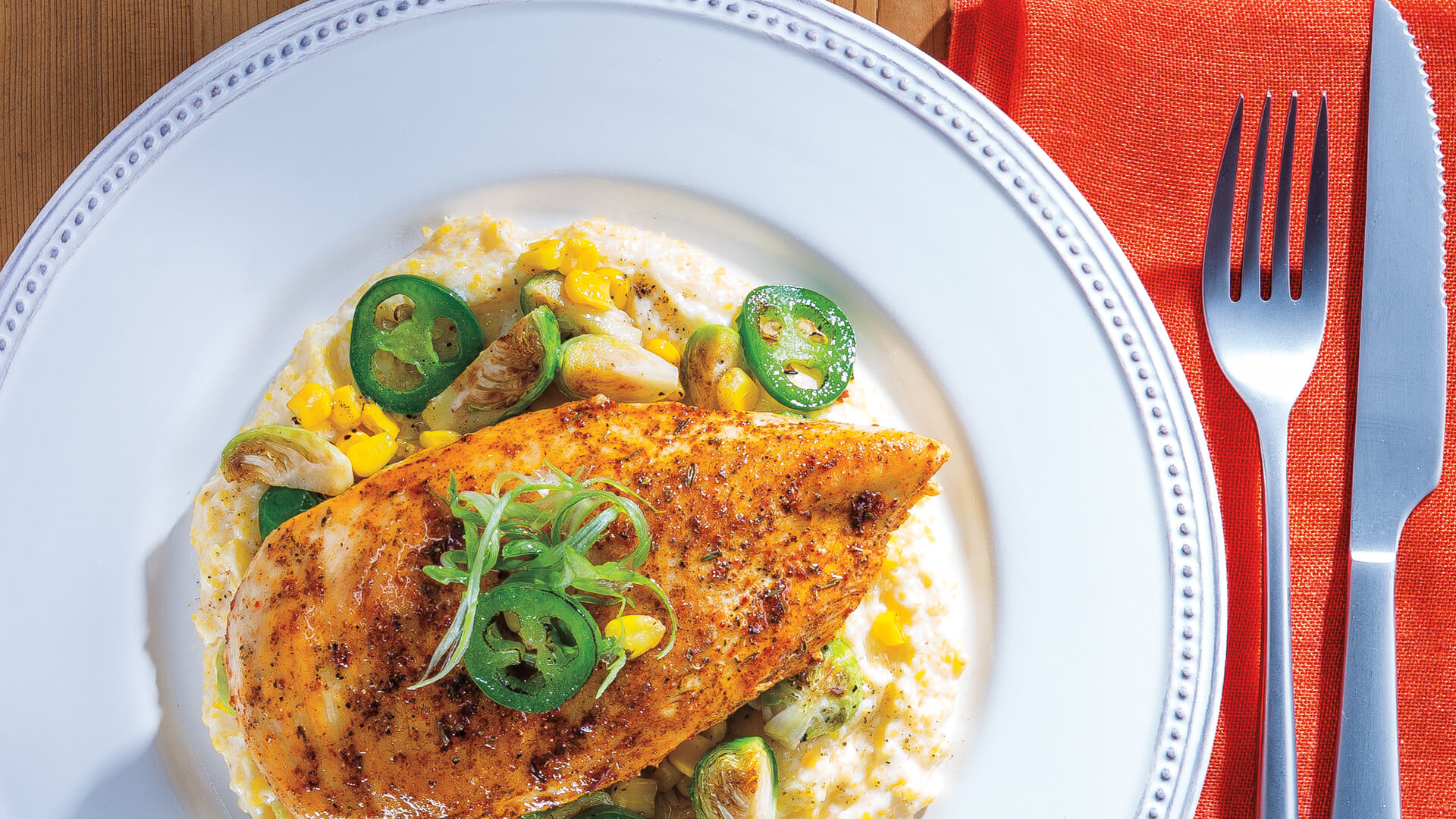 Cajun Chicken with Creamy Polenta and Spicy Roasted Vegetables