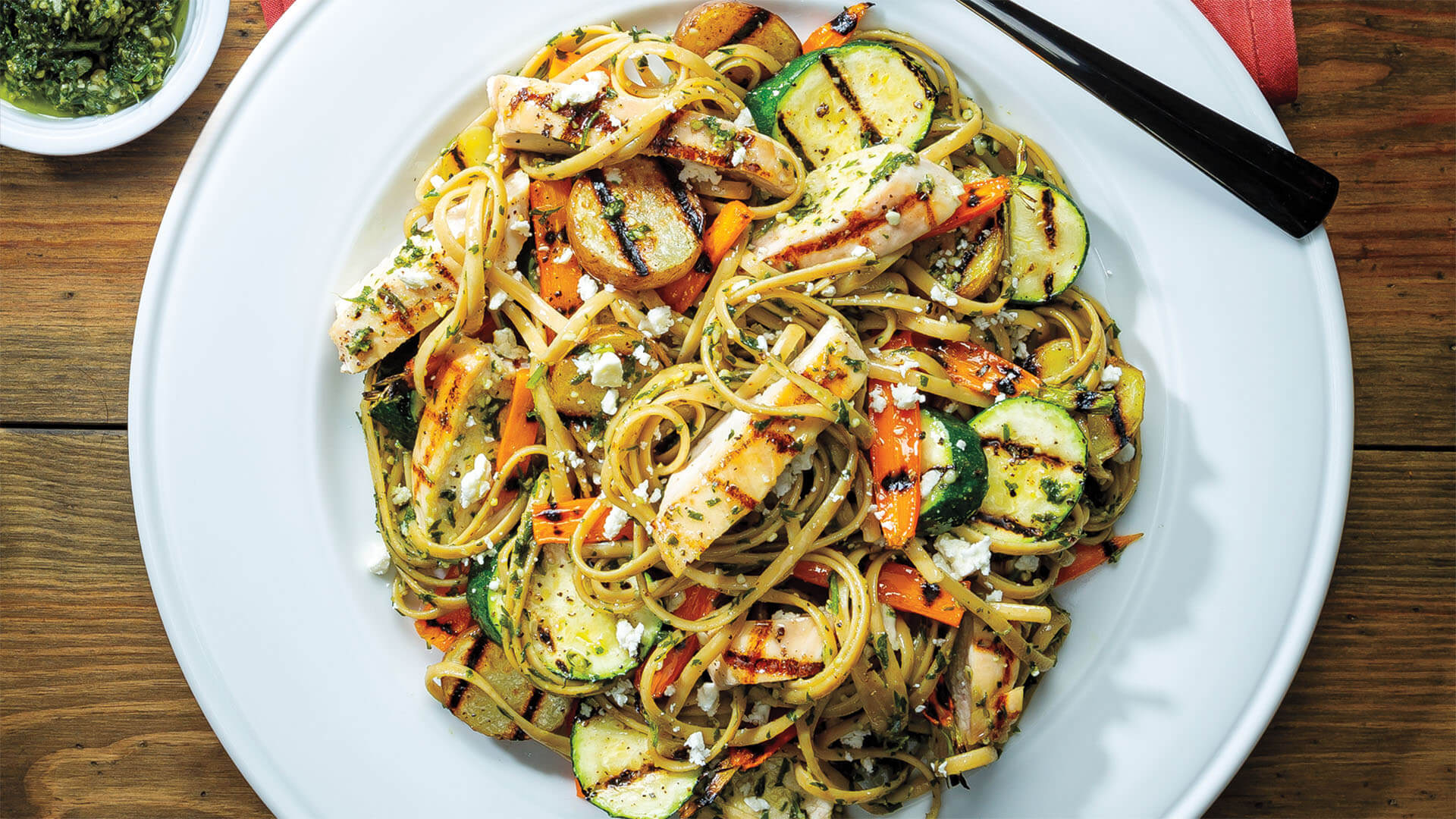 Whole-Grain Linguine with Carrot Top Pesto
