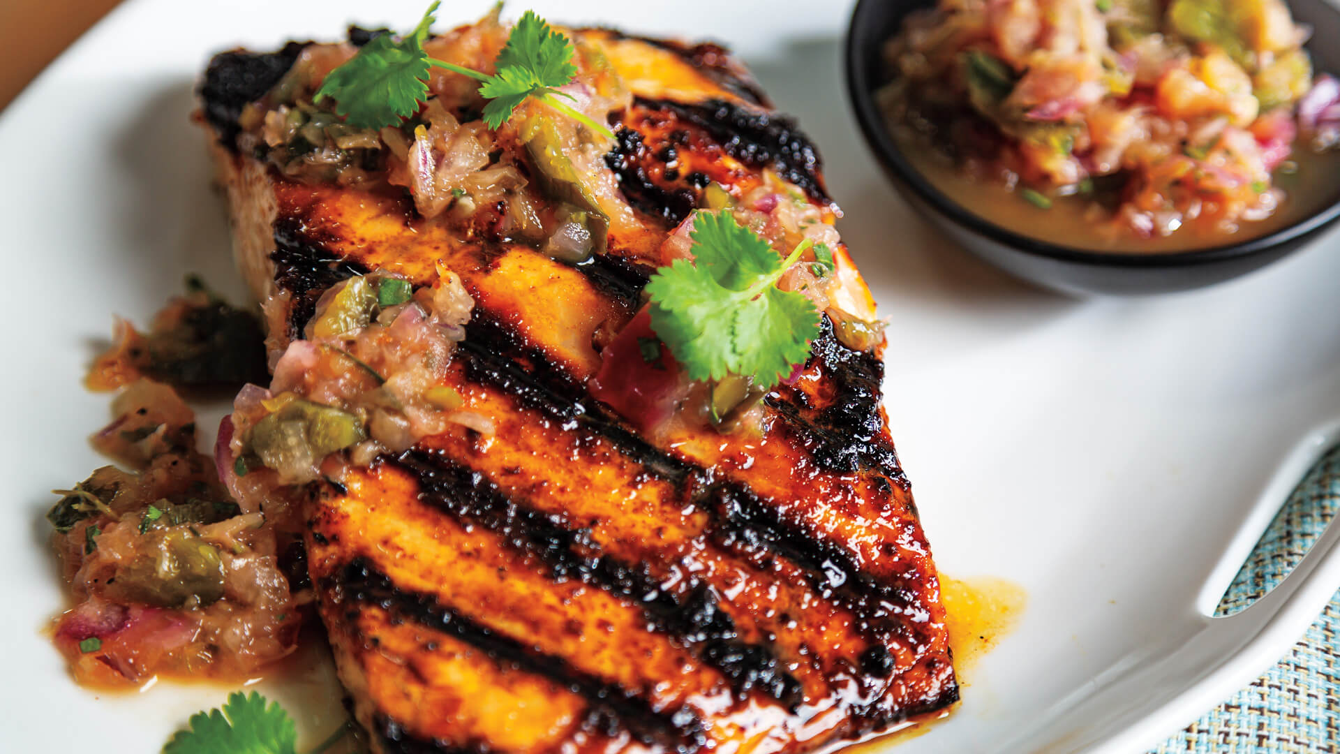 Sweet & Spicy Salmon with Grilled Pineapple and Poblano Salsa