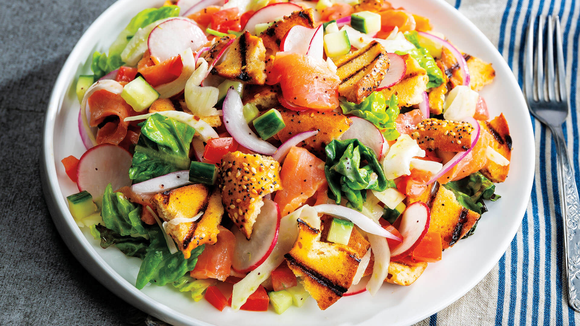 Grilled Everything Bagel & Smoked Salmon Panzanella