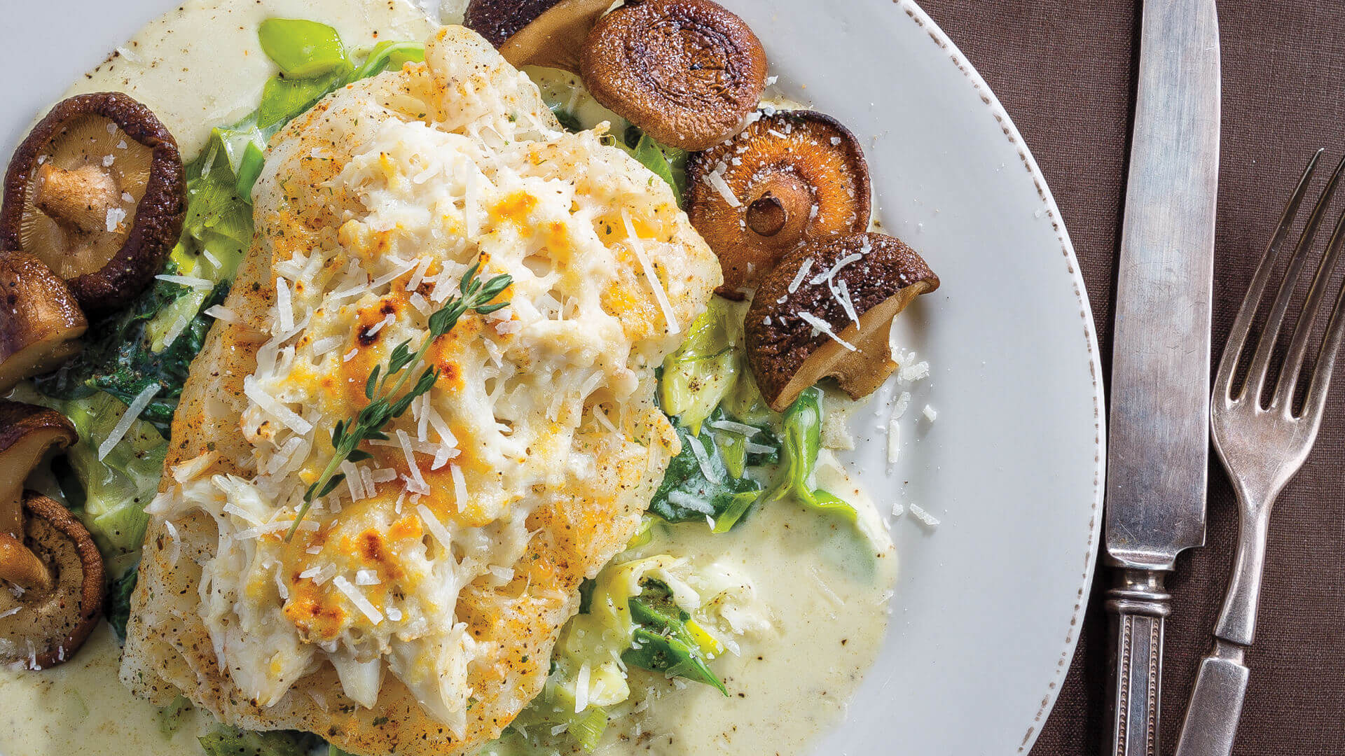 Crab & Parmesan Encrusted Cod with Creamed Leeks