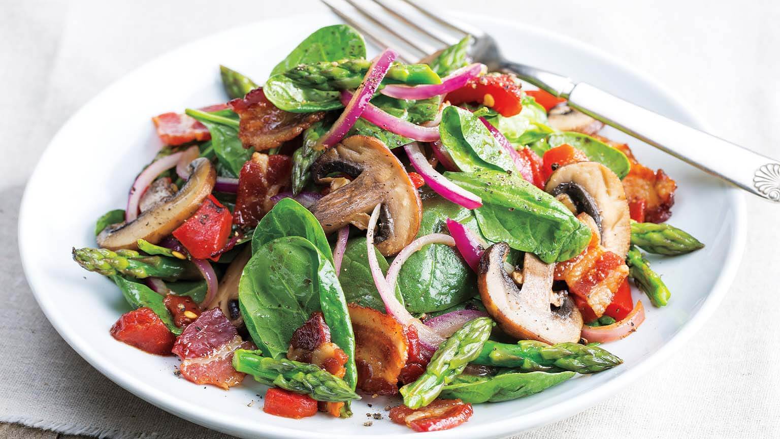 Warm Spinach & Roasted Vegetable Salad with  Bacon Vinaigrette