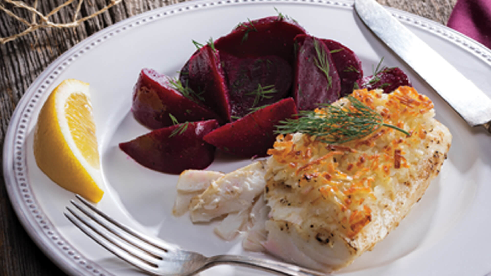 Horseradish & Potato-Crusted Cod with Dilled Beets