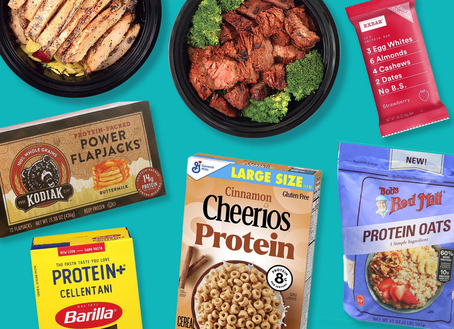 A collection of high-protein food products displayed against a bright teal background. The items include two prepared protein power bowls (one with sliced chicken and one with steak and broccoli), a strawberry RXBAR, a box of Kodiak Buttermilk Power Flapjacks, a box of Barilla Protein+ Cellentani pasta, a large size box of Cinnamon Cheerios Protein cereal, and a bag of Bob's Red Mill Protein Oats.