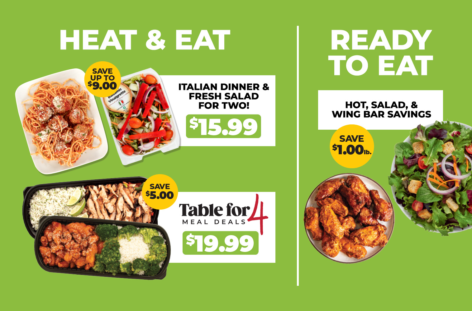 Promotional banner for Neighbor Perks April Meal Solutions featuring "Heat & Eat" and "Ready to Eat" options. It highlights an Italian Dinner & Fresh Salad for Two at $15.99, a Table for 4 Meal Deal for $19.99, and $1.00 off per pound at the Hot, Salad, and Wing Bar.